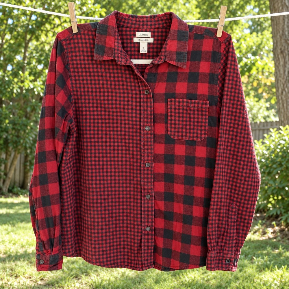 L.L.Bean Women's Mixed Plaid Button Down Shirt Red Black Relaxed Fit L
